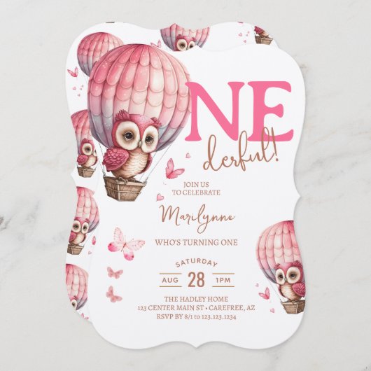 Onederful Pink Owl Hot Air Ballon 1e verjaardag Kaart (Voorkant / Achterkant)