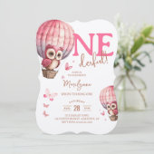 Onederful Pink Owl Hot Air Ballon 1e verjaardag Kaart (Staand voorkant)