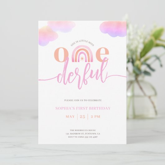 Onederful Rainbow Girl 1e verjaardag Uitnodiging (Staand voorkant)