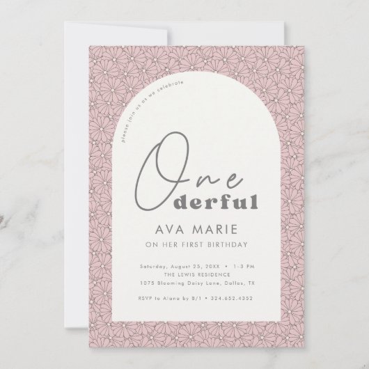 Onederful Retro Daisy Meisjes Roze 1e Verjaardag Kaart (Voorkant)