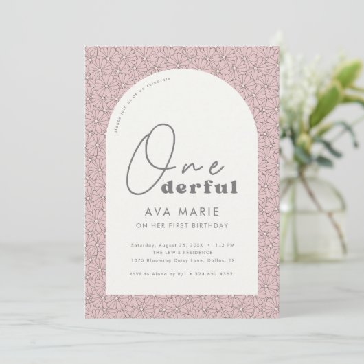 Onederful Retro Daisy Meisjes Roze 1e Verjaardag Kaart (Staand voorkant)