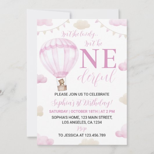 Onederful Roze Hete Luchtballon Verjaardag uitnodi Kaart (Voorkant)