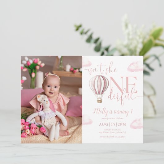 Onederful Roze Luchtballon Meisje Foto 1e verjaard Kaart (Staand voorkant)