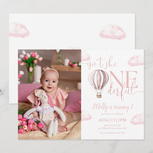 Onederful Roze Luchtballon Meisje Foto 1e verjaard Kaart (Voorkant / Achterkant)