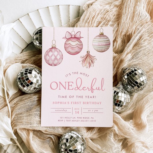 ONEderful Roze Ornament Kerst 1e Verjaardag Kaart