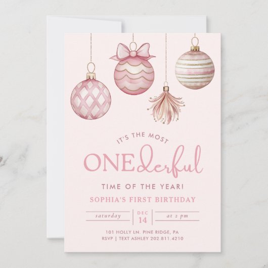 ONEderful Roze Ornament Kerst 1e Verjaardag Kaart (Voorkant)