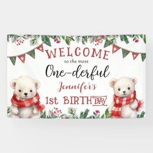 ONEderful | Schattige Beer Kerst 1e verjaardagsfee Spandoek (Horizontaal)