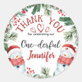 ONEderful Sneeuwman Kerstmis 1e Verjaardag dank u Ronde Sticker (Voorkant)