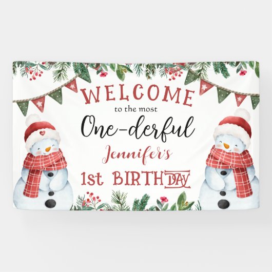 ONEderful | Sneeuwman Kerstmis 1e Verjaardag Feest Spandoek (Horizontaal)