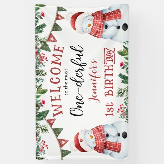 ONEderful | Sneeuwman Kerstmis 1e Verjaardag Feest Spandoek (Verticaal)