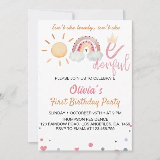 Onederful Sunshine Regenboog 1e Verjaardag Uitnodi Kaart (Voorkant)