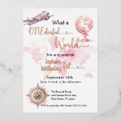 ONEderful wereld roze reismeisje 1e verjaardag Folie Uitnodiging (Voorkant)