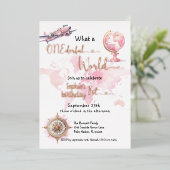 ONEderful wereld roze reismeisje 1e verjaardag Folie Uitnodiging (Staand Voorkant)