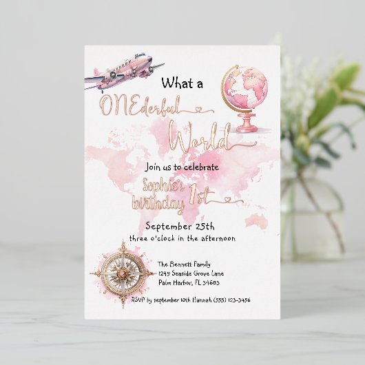 ONEderful wereld roze reismeisje 1e verjaardag Folie Uitnodiging (Staand Voorkant)