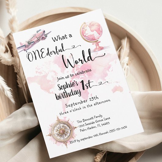 ONEderful wereld roze reismeisje 1e verjaardag Kaart