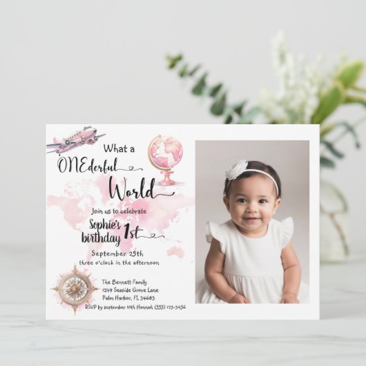 ONEderful wereld roze reizen 1e verjaardag foto Kaart (Staand voorkant)