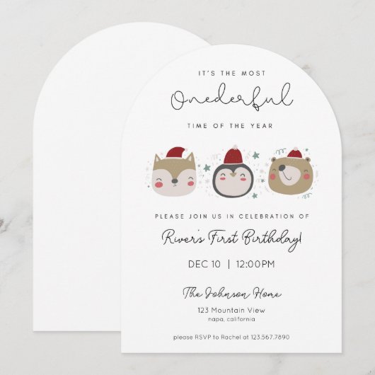 Onederful Winter Animals First Birthday Invitation Kaart (Voorkant / Achterkant)