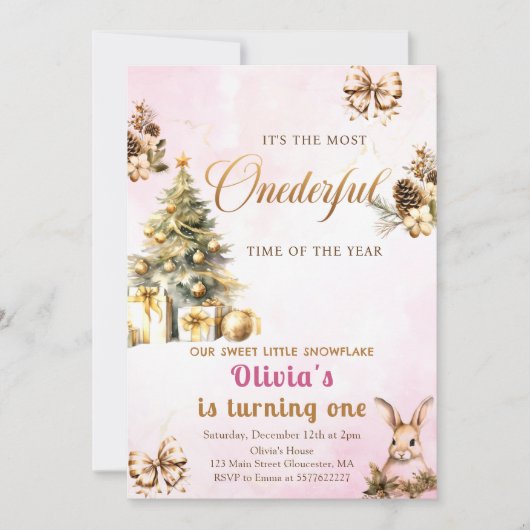 ONEderful Winter Kerstmis Roze 1e Verjaardag Kaart (Voorkant)