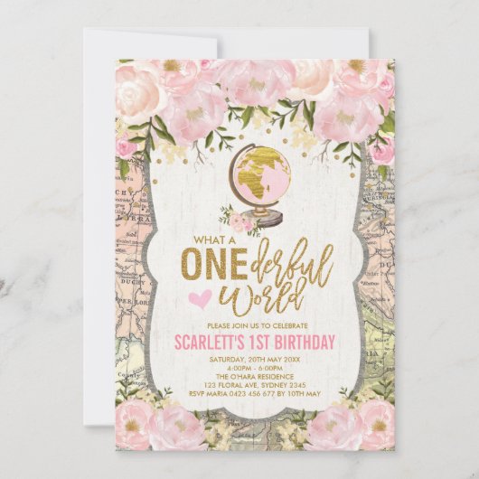 ONEderful World Adventure Map Girls 1st Birthday Kaart (Voorkant)