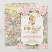 ONEderful World Adventure Map Girls 1st Birthday Kaart (Voorkant / Achterkant)