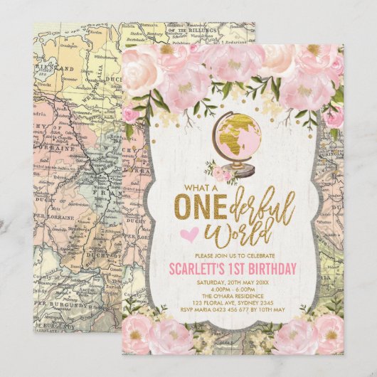ONEderful World Adventure Map Girls 1st Birthday Kaart (Voorkant / Achterkant)