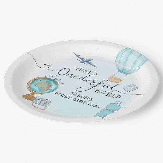 ONEderful World Boys 1st First Birthday Party Papieren Bordje (Gekanteld)
