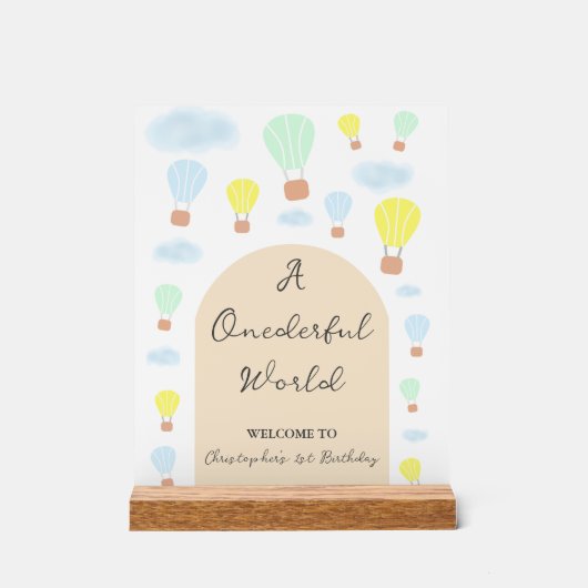 Onederful World Hete Luchtballon 1e Verjaardag Acryl Bord (Voorkant)