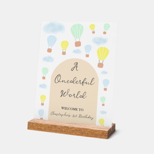 Onederful World Hete Luchtballon 1e Verjaardag Acryl Bord (Hoek)