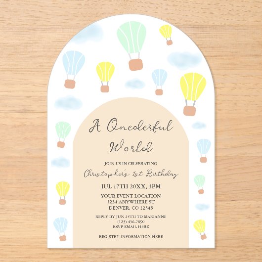 Onederful World Hete Luchtballon 1e Verjaardag Acryl Uitnodigingen (Voorkant)