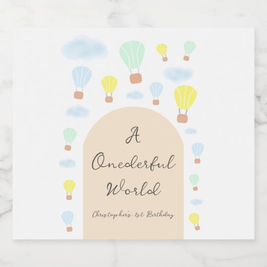 Onederful World Hete Luchtballon 1e Verjaardag Bier Etiket (Enkel label)