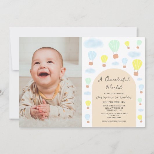 Onederful World Hete Luchtballon 1e Verjaardag Kaart (Voorkant)