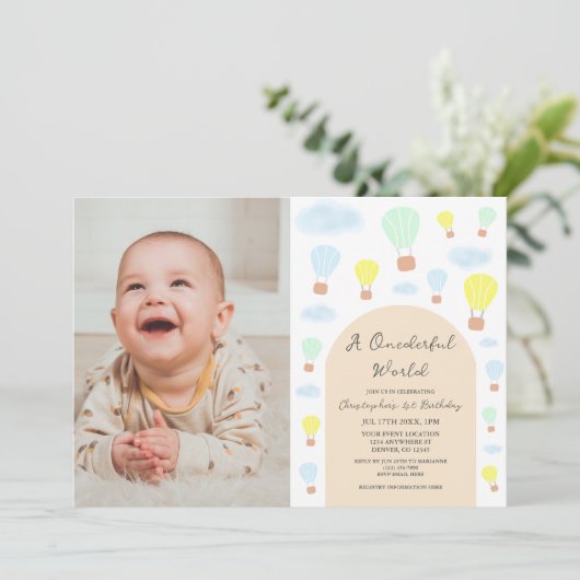 Onederful World Hete Luchtballon 1e Verjaardag Kaart (Staand voorkant)