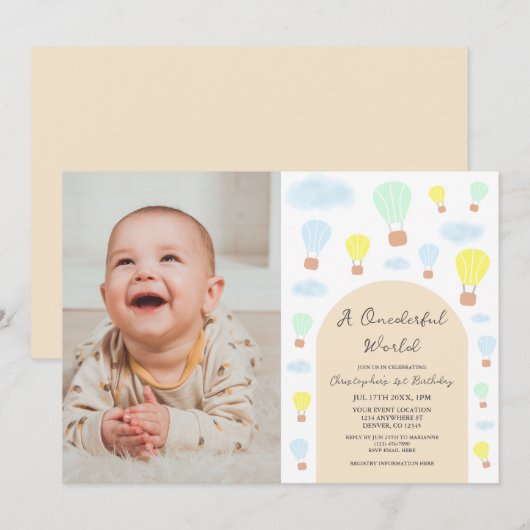 Onederful World Hete Luchtballon 1e Verjaardag Kaart (Voorkant / Achterkant)