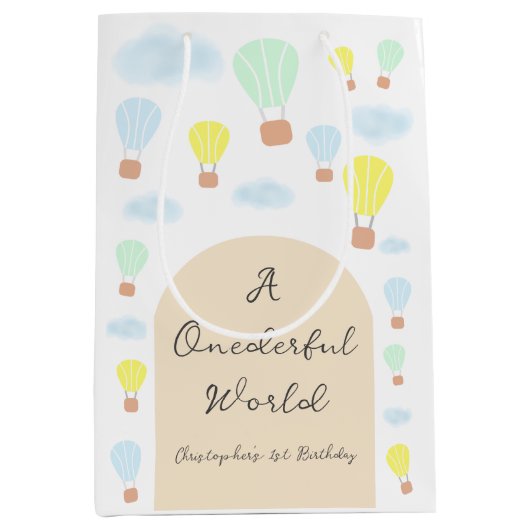 Onederful World Hete Luchtballon 1e Verjaardag Medium Cadeauzakje (Voorkant)