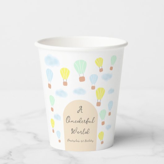 Onederful World Hete Luchtballon 1e Verjaardag Papieren Bekers (Voorkant)