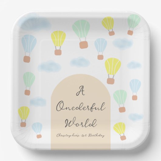 Onederful World Hete Luchtballon 1e Verjaardag Papieren Bordje (Voorkant)