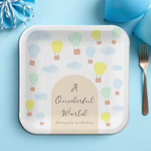 Onederful World Hete Luchtballon 1e Verjaardag Papieren Bordje