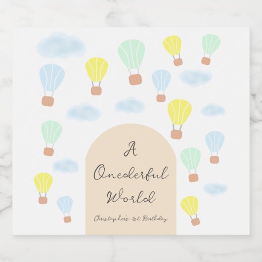 Onederful World Hete Luchtballon 1e Verjaardag Sparkling Wijnetiket (Enkel label)