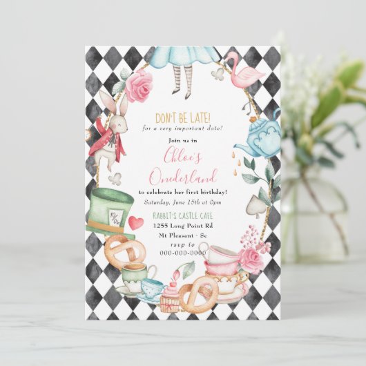 Onederland Alice Mad Tea Party Girl First Birthday Kaart (Staand voorkant)