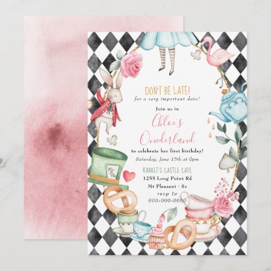 Onederland Alice Mad Tea Party Girl First Birthday Kaart (Voorkant / Achterkant)