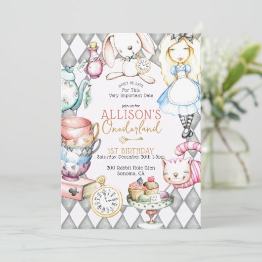 Onederland eerste verjaardag thee party uitnodigin kaart (Staand voorkant)
