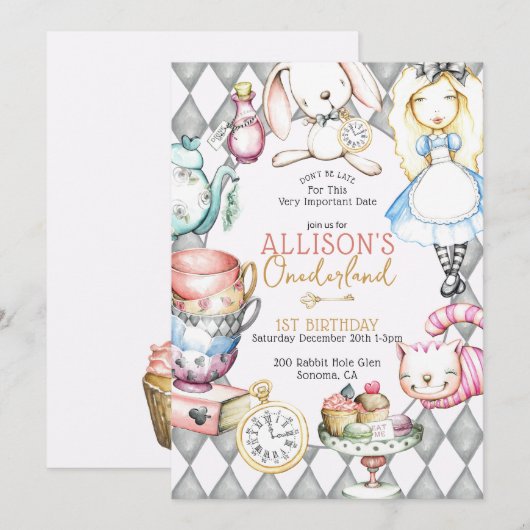 Onederland eerste verjaardag thee party uitnodigin kaart (Voorkant / Achterkant)