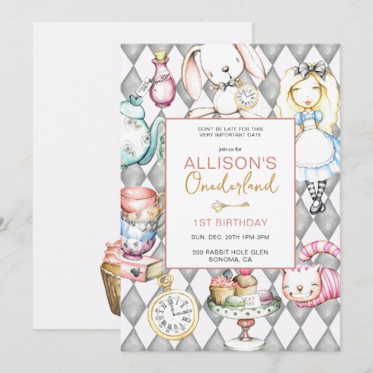 Onederland eerste verjaardagsfeestuitnodiging kaart (Voorkant / Achterkant)