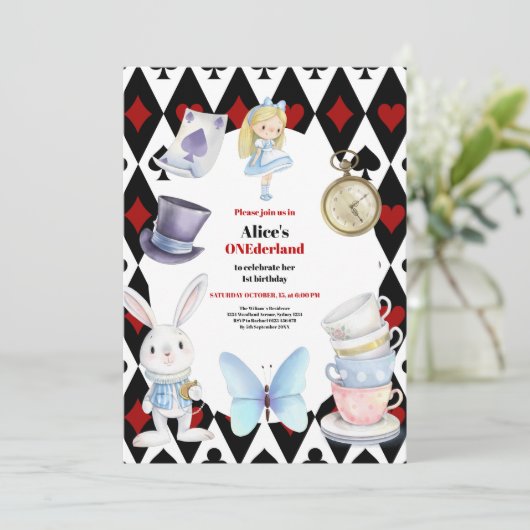 Onederland Tea Alice in Wonderland 1e verjaardag Kaart (Staand voorkant)