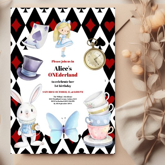 Onederland Tea Alice in Wonderland 1e verjaardag Kaart