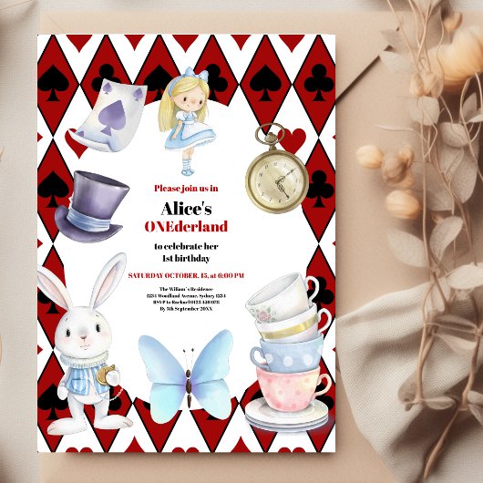Onederland Tea Alice in Wonderland 1e verjaardag Kaart