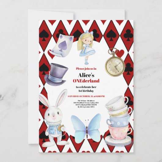 Onederland Tea Alice in Wonderland 1e verjaardag Kaart (Voorkant)