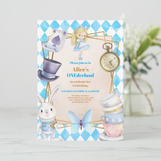 Onederland Tea Alice in Wonderland 1e verjaardag Kaart (Staand voorkant)