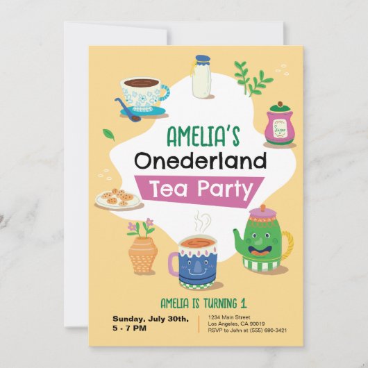 Onederland Tea Party - Eerste Verjaardagsfeest Inv Kaart (Voorkant)