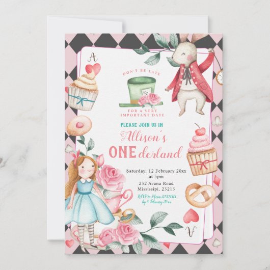 Onederland Tea Party Girl Birthday Invitation Kaart (Voorkant)